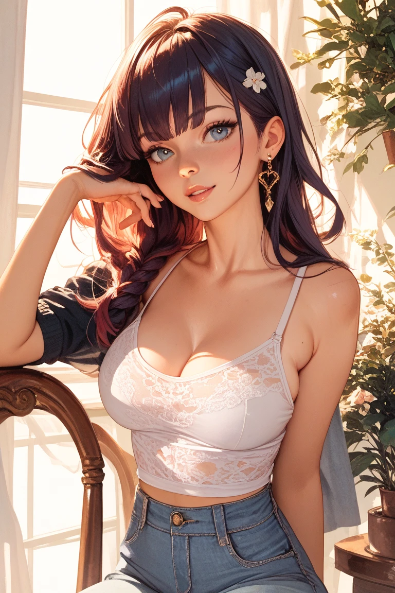 小さなgirl、The arrival of spring、thick thighs、thick thighs、 big ass、chest is small、(alone:1.5,)Super detailed,bright colors, very beautiful detailed anime face and eyes, look straight, ;d, shiny_skin,girl, ((Purple long hair,Inner color is red 、forehead is exposed.、green eyes、、shiny hair, delicate beautiful face, blush、(turquoise eyes), White skin, Valletta, earrings,、blue flower field、(((Floral pink、turtleneck clothing、sexy bra、tight、white tight skirt)))、twin tails、smile、happy face、face dyed red