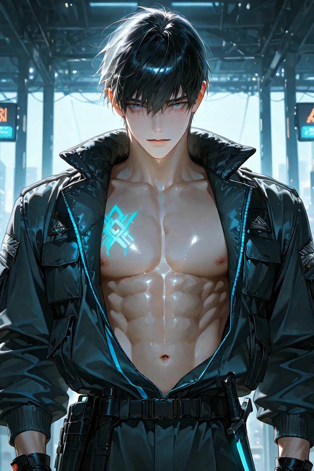 anime guy with a shirtless torso sitting on a ledge in a city, digital cyberpunk anime art, digital cyberpunk - anime art, cyberpunk anime art, anime cyberpunk art, artwork in the style of guweiz, ross tran style, modern cyberpunk anime, muscular! cyberpunk, inspired by Yanjun Cheng, handsome anime pose, oppai cyberpunk, cyberpunk art style