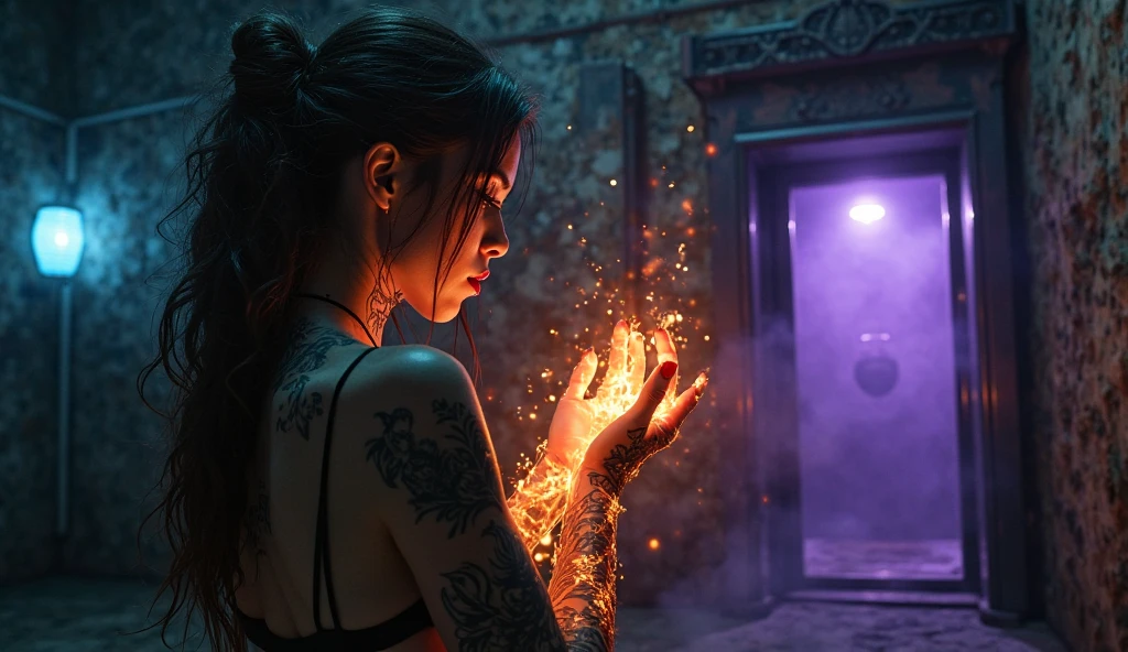 Virtual image, Realistic, Virtual Magic, Chinese woman, undercover, 1 woman, beautiful, charming, sexy, Medium bust, Blue-bronze hair, medium length hair, light blue eyes, red lips, tattoo, sexy, Black tight dress, tights, high-heels, full body, Real picture, Pose naturally, Candle floating in the air, A lot of yellow lightning with white candles around it., Snowfall at night