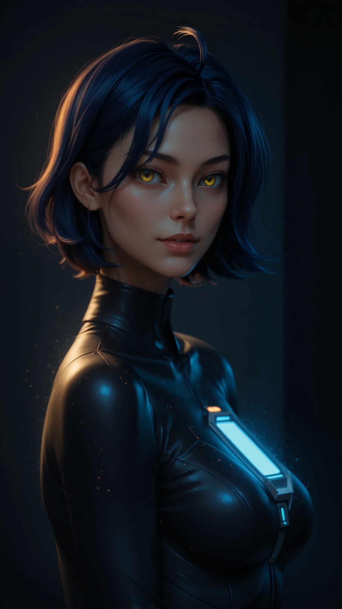 zhenya_es, dark blue hair, short hair, ahoge, yellow eyes, alien humanoid,score_9, score_8_up, score_7_up, score_6_up, masterpiece, best quality, ultra HD sci-fi artwork, elegant extraterrestrial woman, advanced technological aesthetics, sleek spacesuit with intricate details, graceful zero-g pose, luminous starfield background, dramatic lighting, mysterious atmosphere, detailed skin texture, morimee_style influence, Glitch Art, black accent, alien humanoid, night,