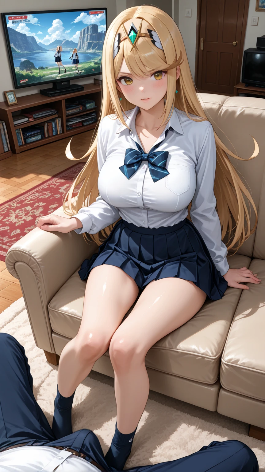 highest quality、one girl,full body figure、15 years old、big boobs、big 、Perfect five-finger、perfect legs、perfect legs、Mahiru Shiina、perfect thing、detailed description、small details、detailed face、mini skirt、plaid skirt、long hair、blonde、White panties、whitepanty、I can see your panties、school uniform、high school uniform、Skirt flip、lift skirt、Bed、M-shaped legs、summer clothes、White shirt、plaid skirt、shirt sleeves、white socks