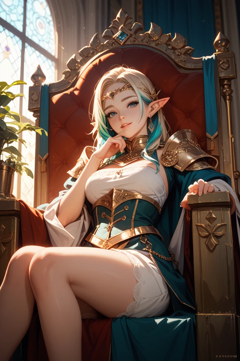 ((elf queen))8K、An ultra-high picture quality、Ultra-realistic details、3d rendered、Beautiful fair-skinned and feminine style、Sit in a plush chair、Sexy costume with wide open chest、Silver decoration、Dazzling spotlights、Blur the background、