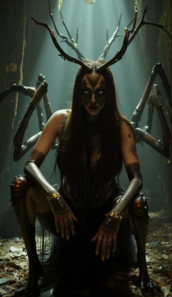 "((Obra maestra))(The best lighting, alto contraste, oscuro, dramatic, Acabado fotorrealista),(manchas y desperfectos como de daguerrotipo).(mujer con brazos de mantis religiosa, insecto, monja, enfado),(Baphometh saca la lengua), viejos, lobos, gusanos, lombrices, Serpientes. Luz Caravaggio"
