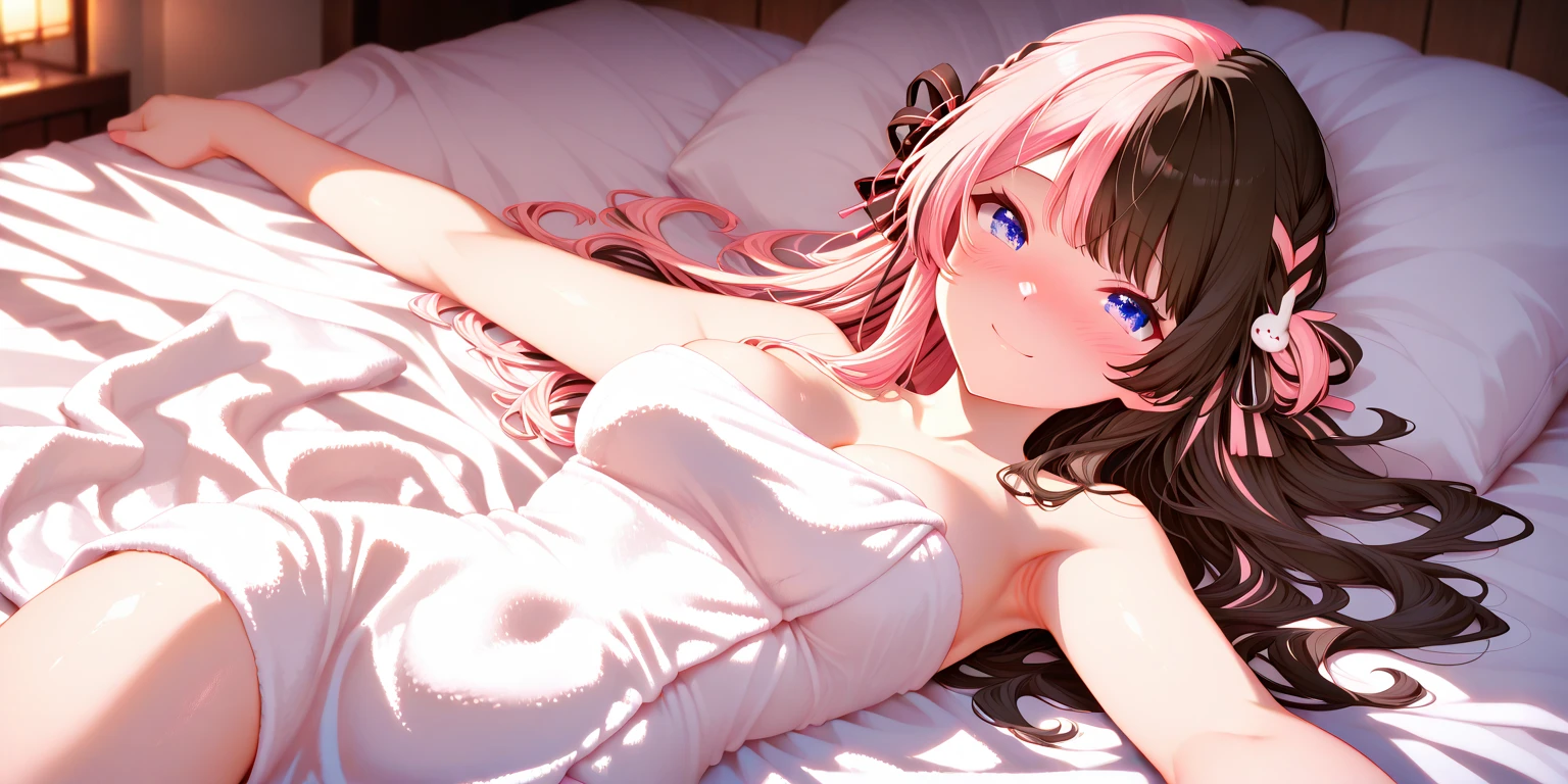 (Best Quality,High resolution,8K,finelity detailed background,Masterpiece:1.2),beautiful girl,Shiny pink hair,messy hair,Pink eyes,Gentle look,A refreshing and gentle smile,Best quality,Best Quality,Aesthetic and aesthetic:1.2,Best details((Super detailed))(High-definition CG illustrations),Glamorous black underwear (gray,intricate lace),Slender body,night,night景,moon,Bedroom,On the bed,smile,blush,cute,Scrounge,Looking up,Being spoiled,super model,shoot from below,On all fours