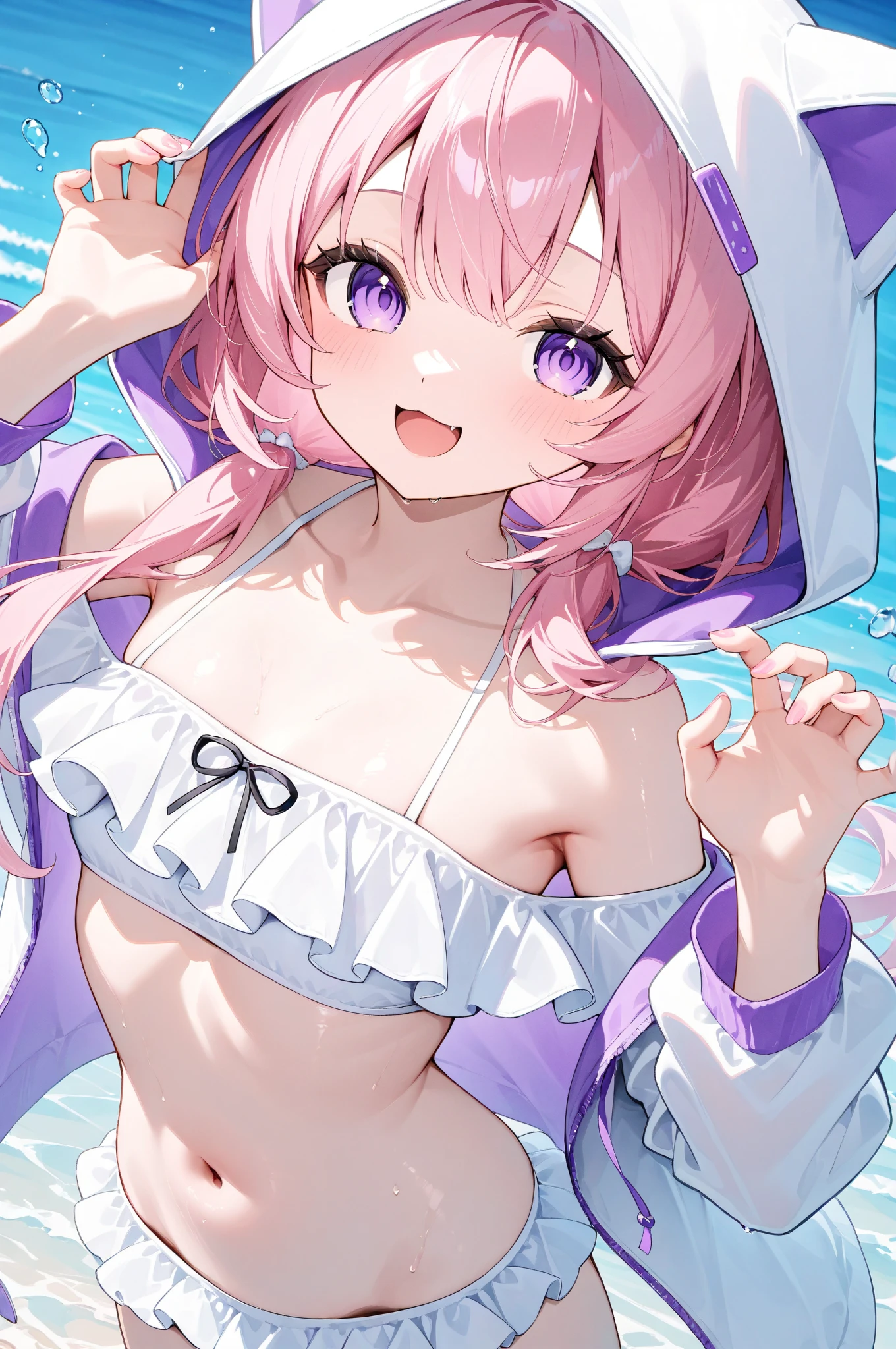 beautiful illustrations, highest quality, pretty girl,beautiful girl、clear face、 half girl、pastel colour 、blush、perfect hands、five fingers、fantasy、fantasy、thighs、Alone Focus), (perfect face:1.1), (high detail:1.1)、swimsuit、bikini、smile