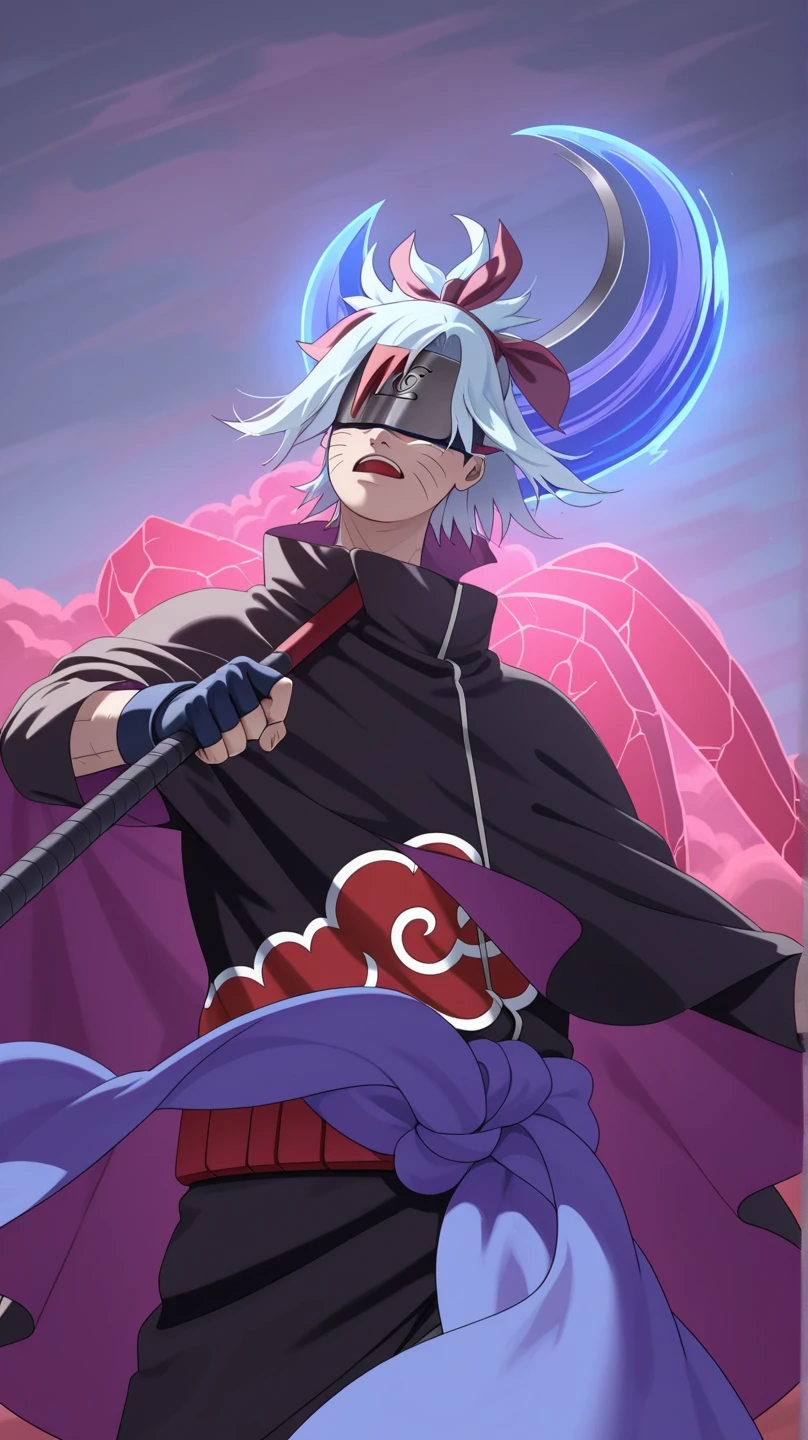 Gray Hair, Curly Hair, short hair, Horn, Black Ninja Costume, Holding a sword, 赤 full moon, male, Red eyes, Purple scarf, Blue Flame