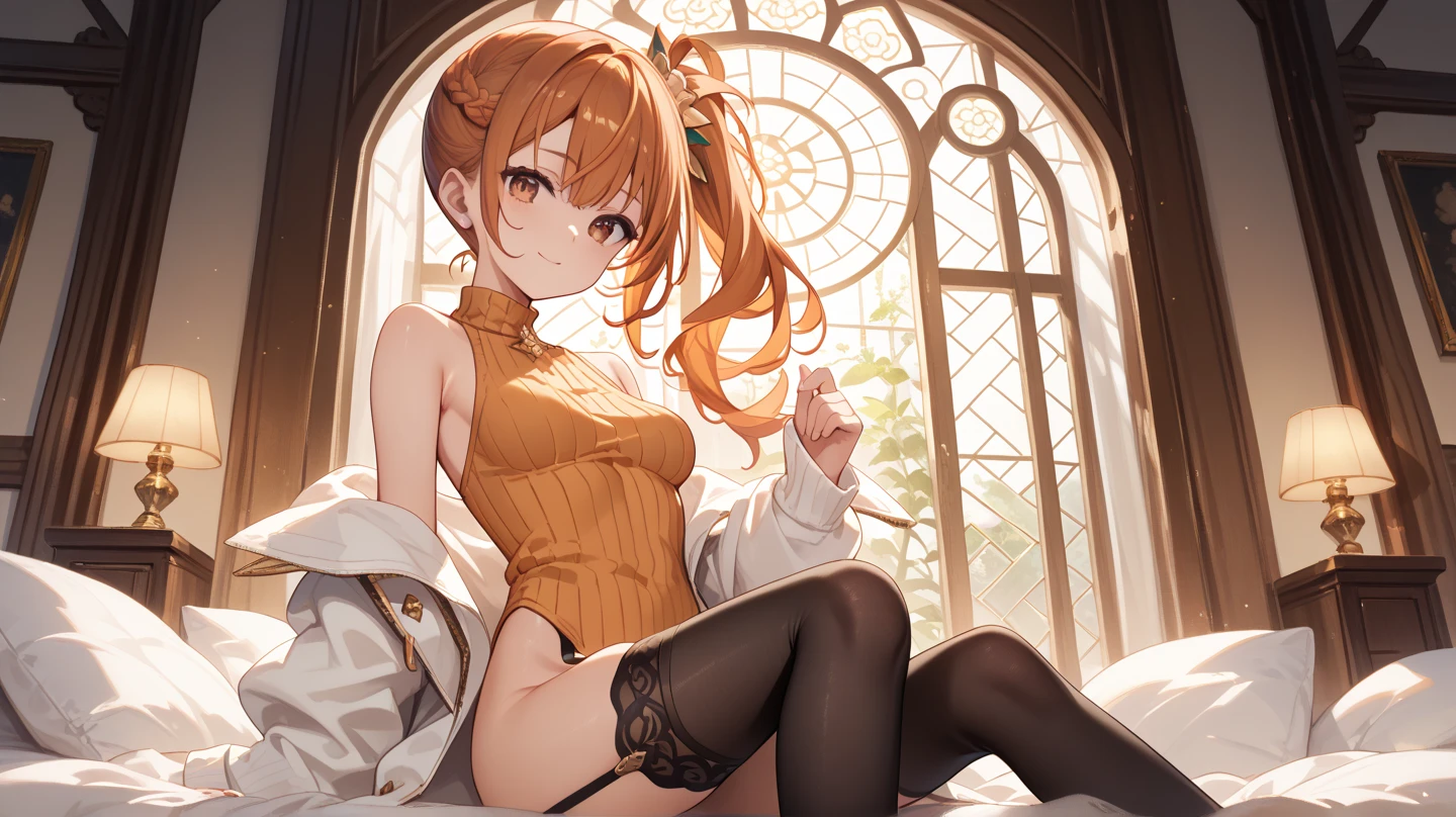 (Masterpiece: 1.5, better quality, high resolution: 1.3, super resolution, super detailed, ultra detailed: 1.3, rich background: 1.2, 1 woman)) Pale skin + light brown hair + wavy hair + dark eyes + deer eyes + Long eyelashes + separate bangs, visible front + female body + medium chest + wide hips + toned body + blush on the cheeks + beautiful legs + pecas on cheeks (it has rabbit ears, it has intricate deer horns, ortho top with neckline, Thick necklace on the neck, leggins to the waist, gabardina with white fluff) ((smiles, sitting in a bed with many pillows, pillows around it, solar lighting, attractive appearance) (colors for clothing: white, brown, black , golden)