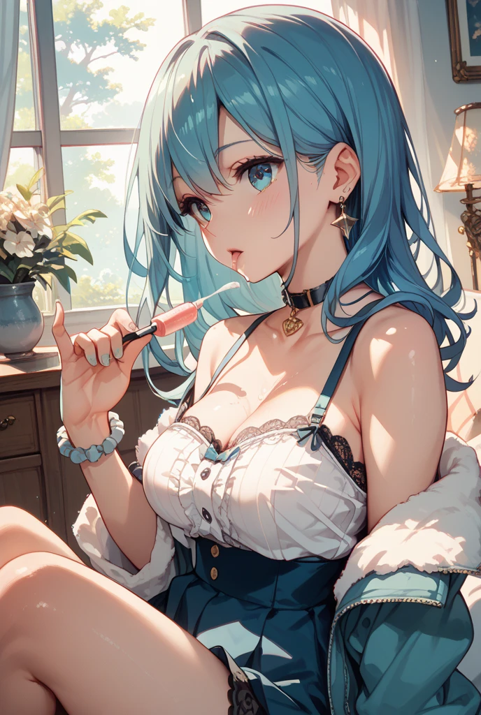 Room based on light brown and light blue, green and white,fluffy hair,Lots of stuffed animals and toys from fairy tales,Mokomoko's Winter Loungewear,I see underwear,Underwear with plenty of lace,fluffy hair,Kissing face,He is looking up at the candy pocky in his mouth,Kamimei,Embarrassed look,Puffing out cheeks,The eye,You can lean forward to see your cleavage,White liquid overflowing from the crotch,White liquid dripping from the crotch or chest,ssex,SEX,ecstacy,