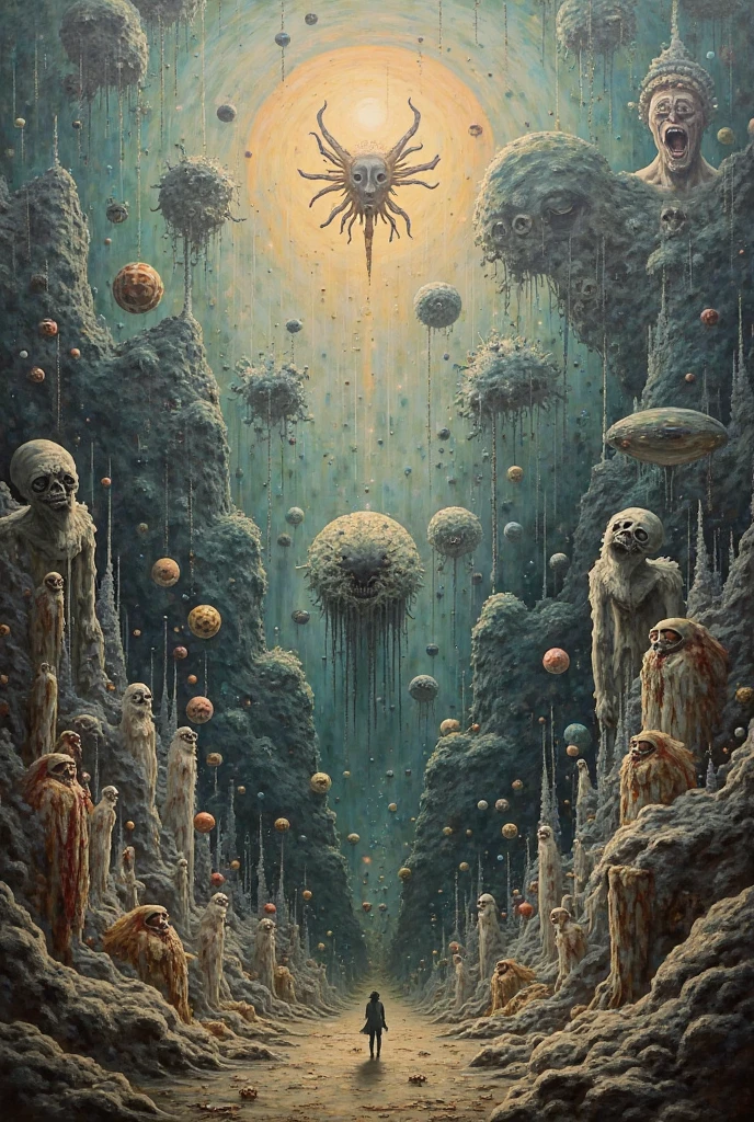 starry night, van gogh, creepy, nightmare, disturbing, creepy, gloomy, rotten, by zdzislaw beksinski