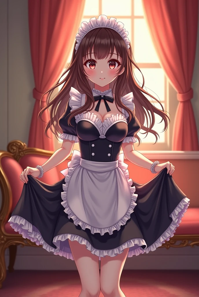 1woman(solo, full body view, frontal view, standing, hands folded in lap, facing camera), 30years old, sexy, beautiful, latina, dark tanned skin, dark brown hair, long hair, straight hair, shiny hair, green eyes, big eyes, shy, slim build, very long legs, medium firm breasts, perfectly groomed, maid uniform(very short skirt, big cleavage, no panties), maid headdress, black heels, eye contact, minimalistic room(white walls, wooden floor, minimalistic furniture, lots of flowers), best resolution, best quality, high quality, anime, ?????, ??????