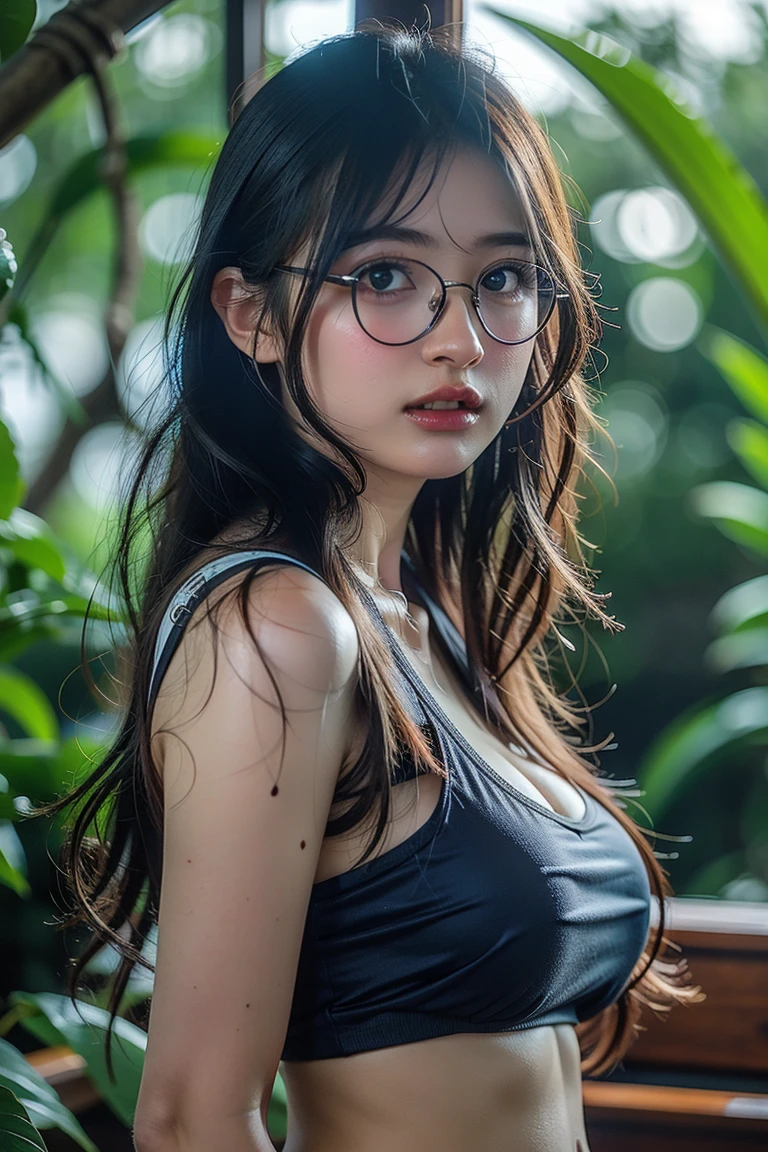 Detailed Photos. Beautiful 14 year old Japan woman, Beautiful Face,  Beautiful long black hair，Wear glasses、See-through nightgown，Wearing a lacy sleeveless nightgown, Wet and see-through nightgown，I can see your chest，I can see the pussy，In the deep forest where heavy rain is falling，Woman Hit by the Rain，Woman Wet in the Rain，Slender body，Big Breasts，Huge breasts，120cm J-cup breasts，The cutest and sexiest photoshoot ever