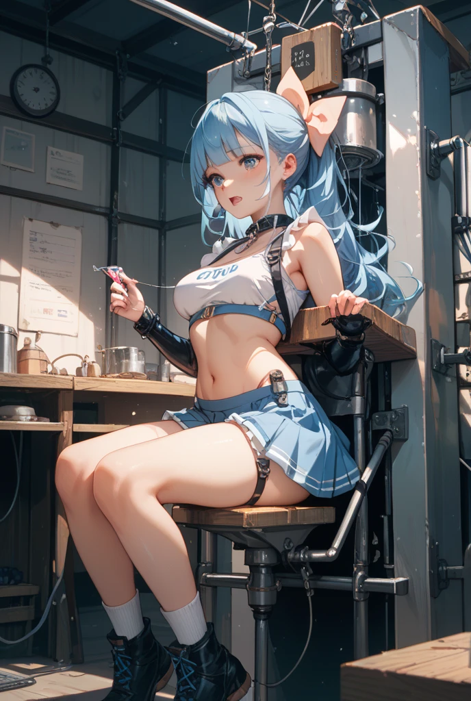 ((masterpiece)), ((best quality)), (ultra-detailed), NSFW, ((??????? chamber)),(???????),(((single narrow belt strongly bound waist))),a cute girl, 1girl, solo,(chain bound arms), (both hands are bound and is hung from the ceiling),((thin waist)),((bdsm)),beautiful teal hair, beautiful white eyes, (beautiful eyes), long hair,troubled expression, very long (wavy teal hair), twintails, straight bangs, round white eyes, neutral face, cheeks, medium breast,  ((with clothes)) ((teal hair))