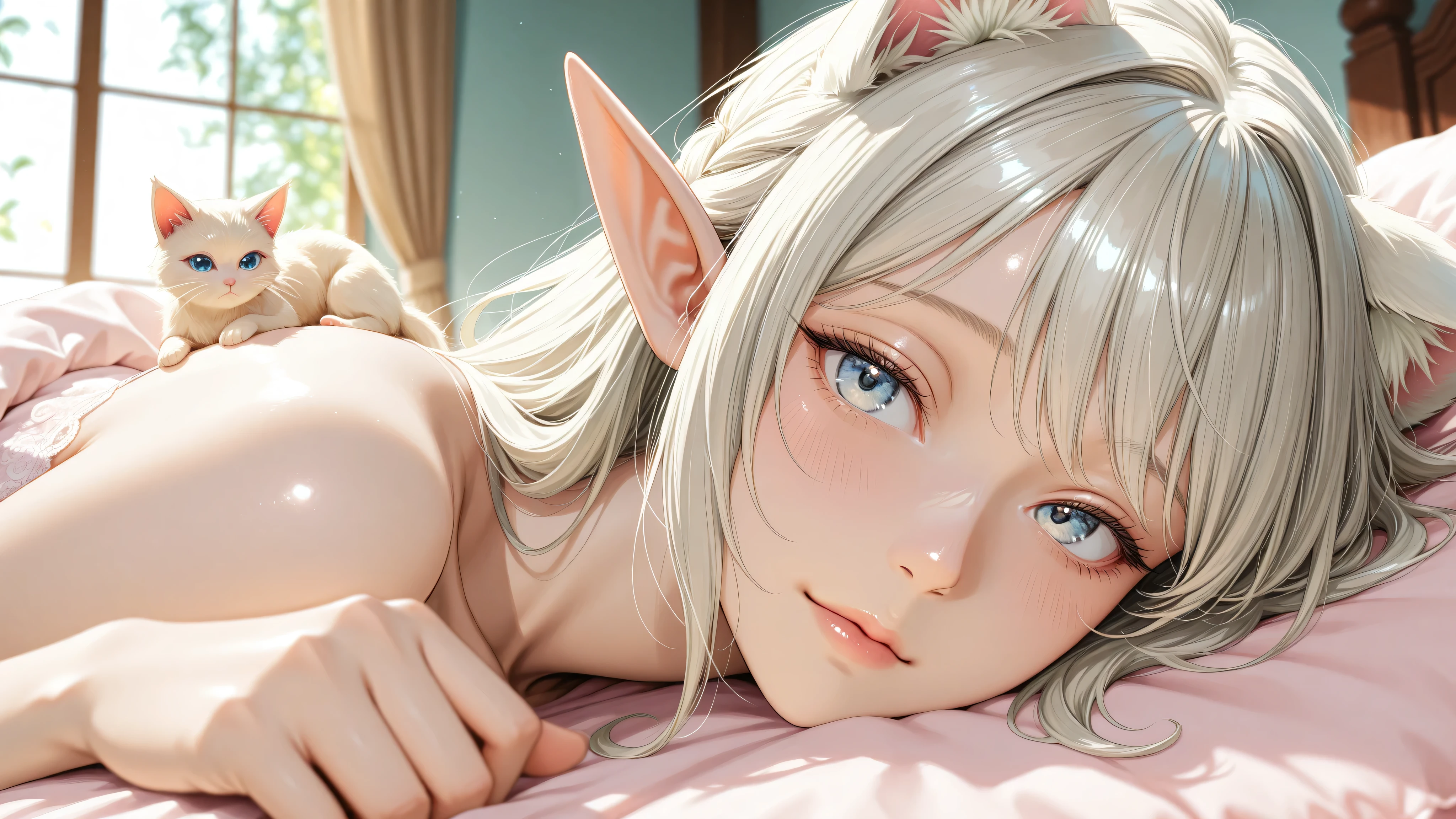 Elf Girl、Age is 8 years old、Medium-long black hair、Grey Eyes、Completely naked、Lying in a dark bedroom、Seductive expression