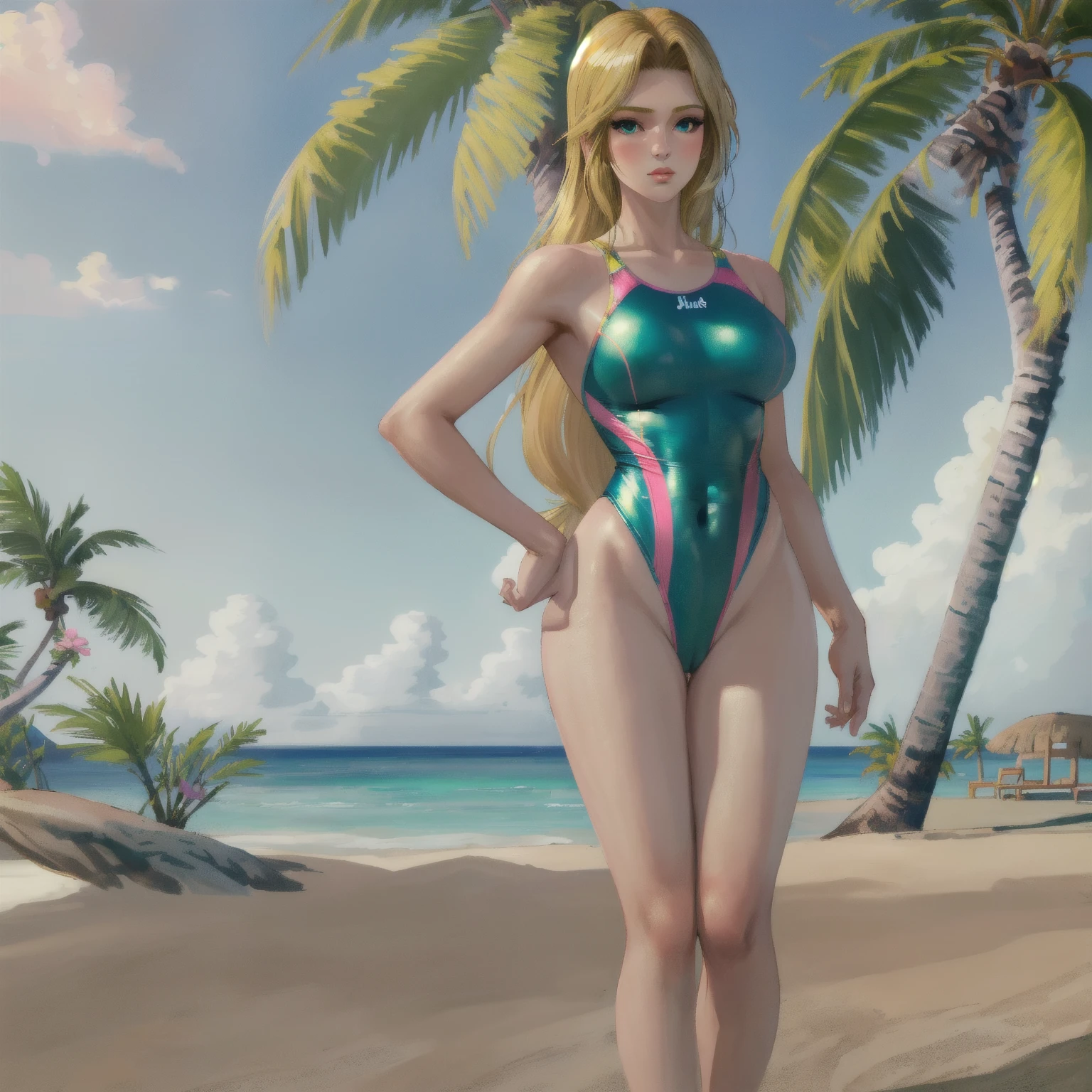 blonde, hyper realistic woman, bigger legs and anime drawing on chest, small waist, science fiction, third person perspective, voluptuary, involuntary, attractive, goddess, gentle, beautiful&lt, smiling, feminine, cool, highly detailed, bright open eyes, beach background, realistic digital painting, smooth, sharp focus illustration, attractive body, muscular legs, beautiful skin, beautiful, frame, beautiful model,  Perfect skin, beautiful symmetrical face, body, posing, in neon green veiled bikini