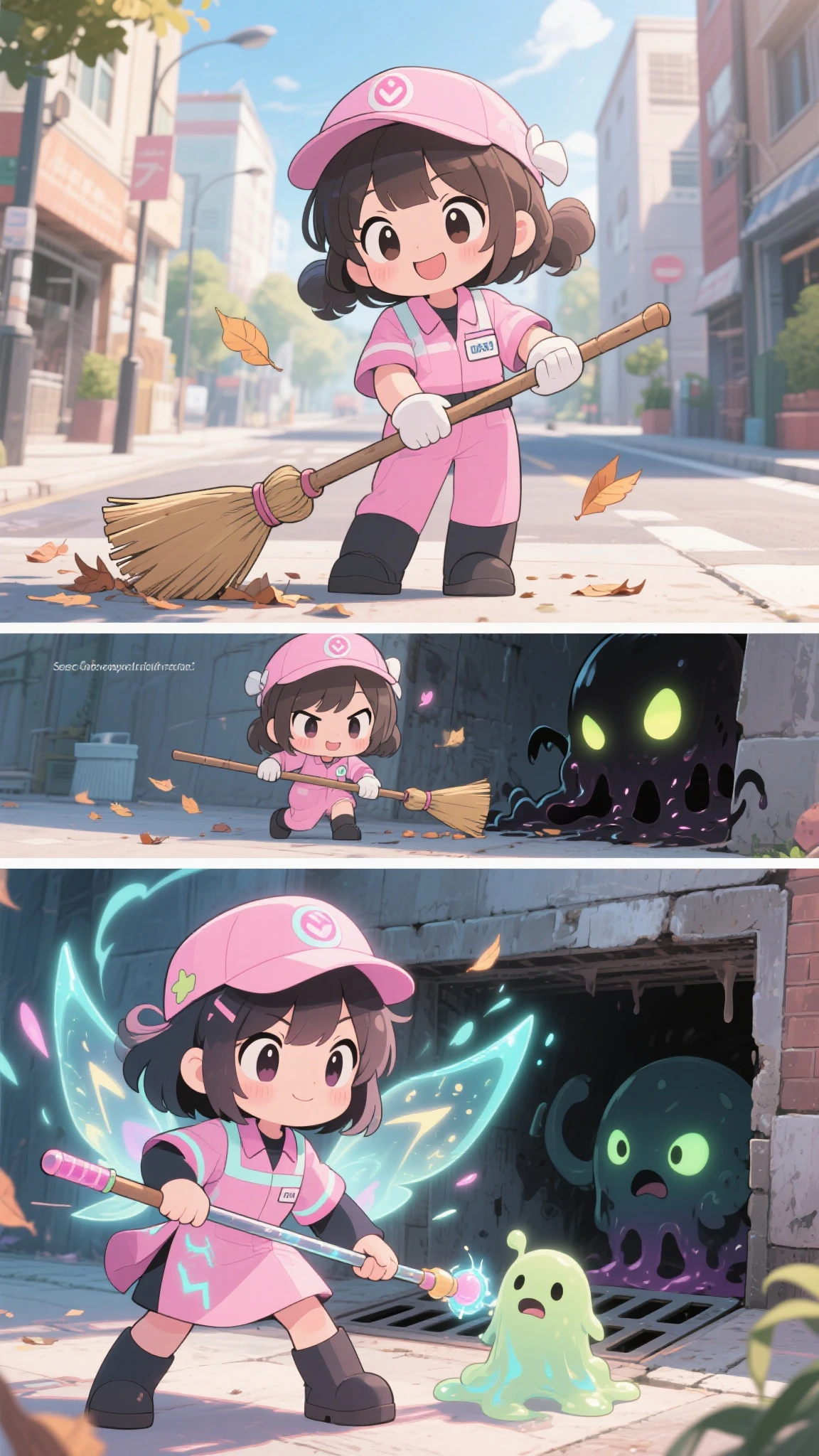 Very detailed、whole body、Short black hair、Wear a white button-up shirt、Wear a red box pleated skirt、A fluffy, grey monster with a big mouth who flies through the air on a top.、Woman clinging to a monster