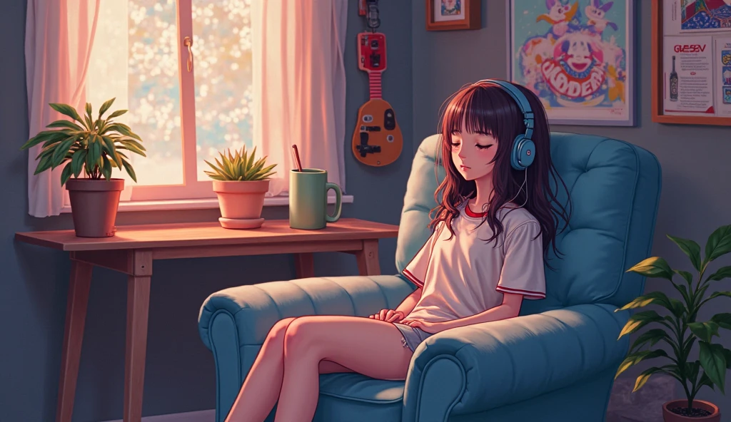 morning、Listen to music in the room、Sit on a chair、high school girl、Big Breasts、 relax、White sweatshirt、ponytail、Use cordless headphones, Bright environment、2D-style animation, Lo-Fi、Retro、Anime style illustrations、Line art with clear outlines