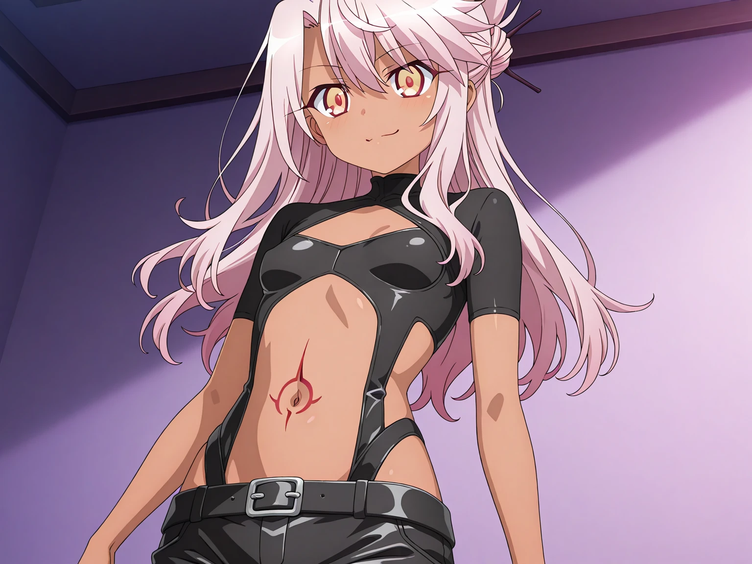 (Best Quality, Masterpiece),sexy,  erotic, 1girl, 18 years old, Contempt, pride, silver hair, 2 ponytails, ((white bra)), (((small breasts))), bedroom, ((cowboy shot)), ((smirk)), looking at viewer, (closed eyes), (mischievous look), ((hands on hips)), panties, ((slim))