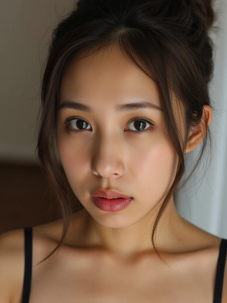 highest quality,masterpiece,Ultra-high resolution,(Realistic:1.4),Beautiful lighting, (Highly detailed CG Unity 8k wallpaper), Beautiful face in every detail,Detailed clothing, 50mm portrait photography, One Girl,Big black eyes, cute, young, stop temporarily, Facial lighting, Physically Based Rendering,Written boundary depth , Brown long hair,Brown Hair,(Serious face), ((Take from above)), (Open your mouth wide),Japanese women、20-year-old、Black Bra、Young beautiful woman taking selfie, Taken with iPhone camera