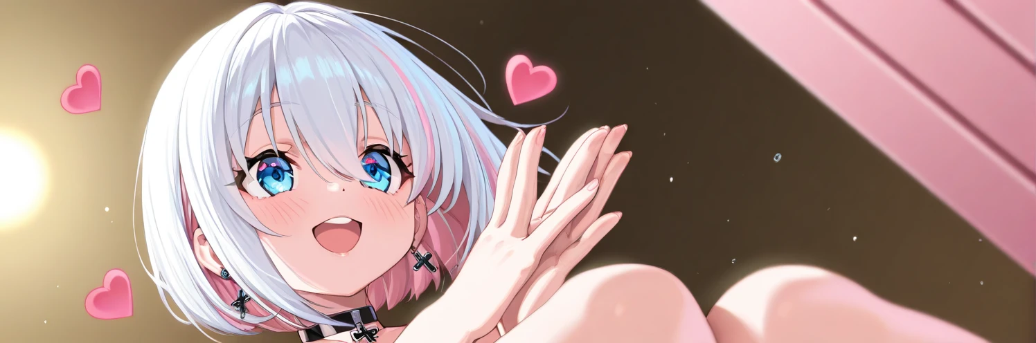 nsfw,1girl,White hair,purple hair,masterpiece,best quality,very aesthetic,absurdres,shy,,character image,silvery white,pale color, chromatic aberration,brightness,saturations,heart hands,breasts apart,pasties,shiny,Areola,Sensitive,nippleless,Gradient Color,