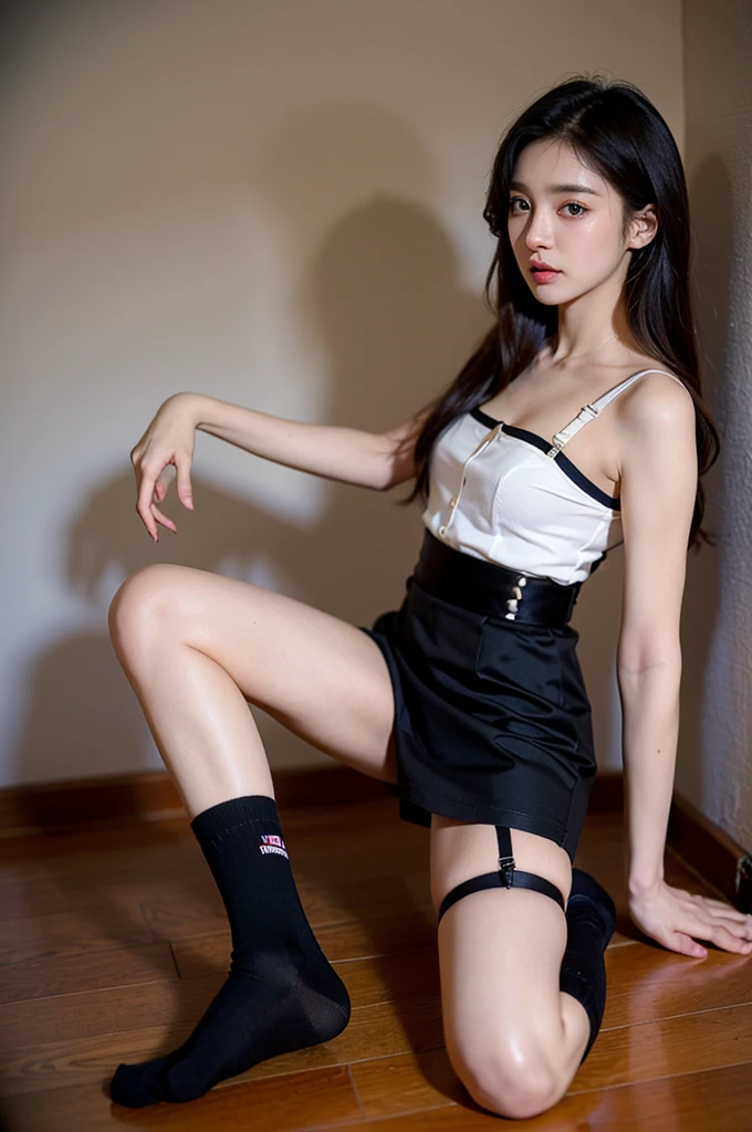 masterpiece, top-quality, A hyper-realistic, ultra-detailliert, 8K分辨率, Raw photography、full body Esbian、 (1girl in), kawaii faces、gorgeous faces, Mixing Russians and Japan, perfect bodies, a matural female, 15yo student、car park,(dynamic ungle) Wearing a torn shirt、(torn miniskirt)、in fighting、Fist technique、((Highkick))、((Spinning kick))、Opening legs、(fighting poses)、((No bra))、(((No panties)))、((Detailed pubic area))、(Enhances pubic area)、A smile、dishevled hair、A sexy、