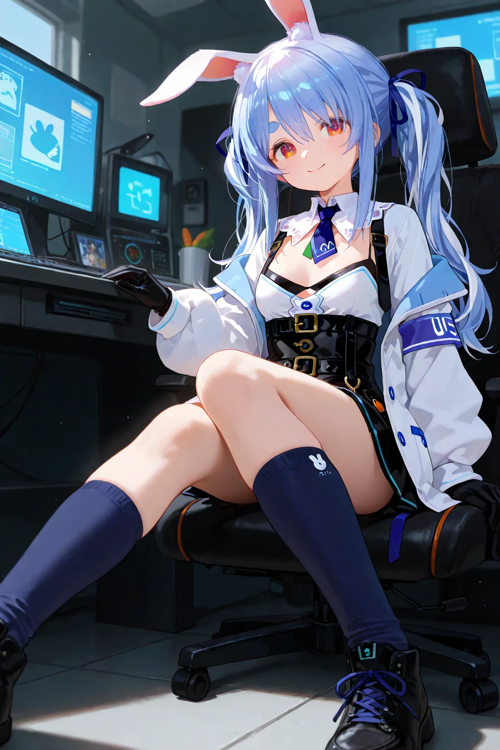 An anime loli sits on a table in white tights and looks down in disgust,The perspective looks up from the foot