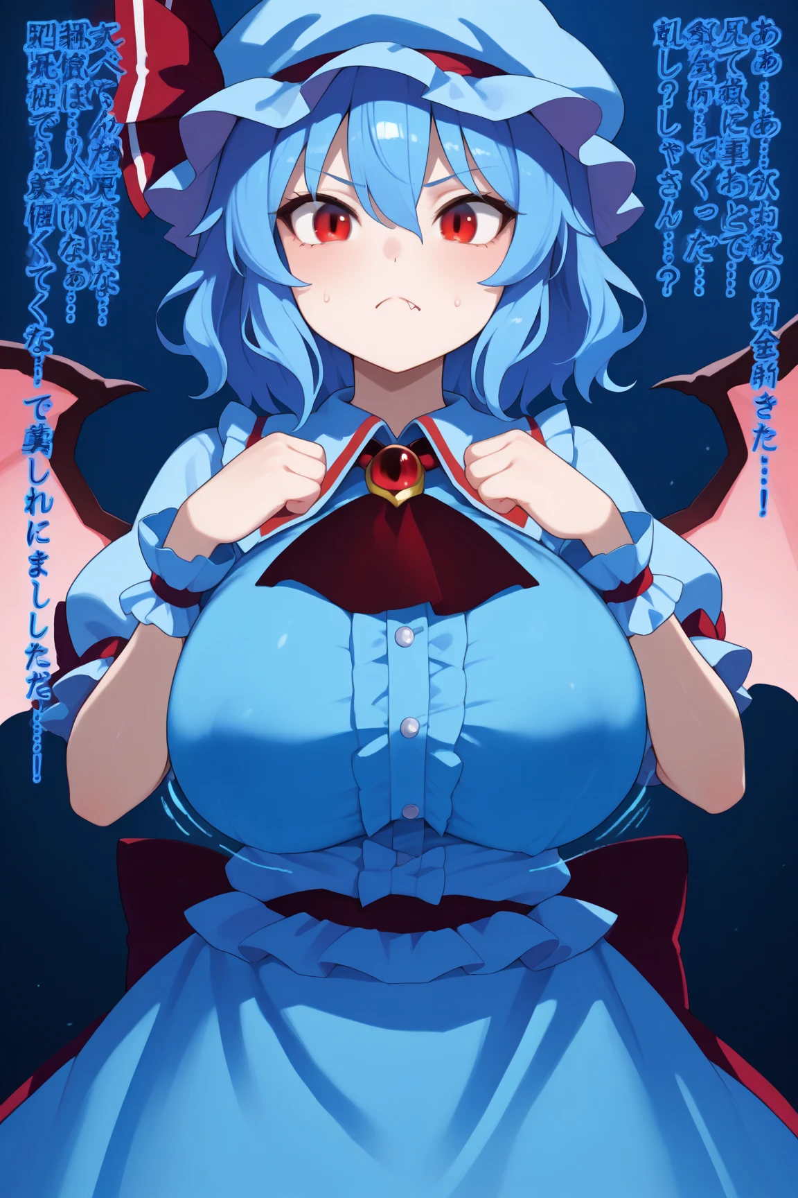 laharl-chan, blue hair, antenna hair, red eyes, large breasts, bikini top only, scarf, ,pregnant,  belt, red pants, masterpiece, best quality