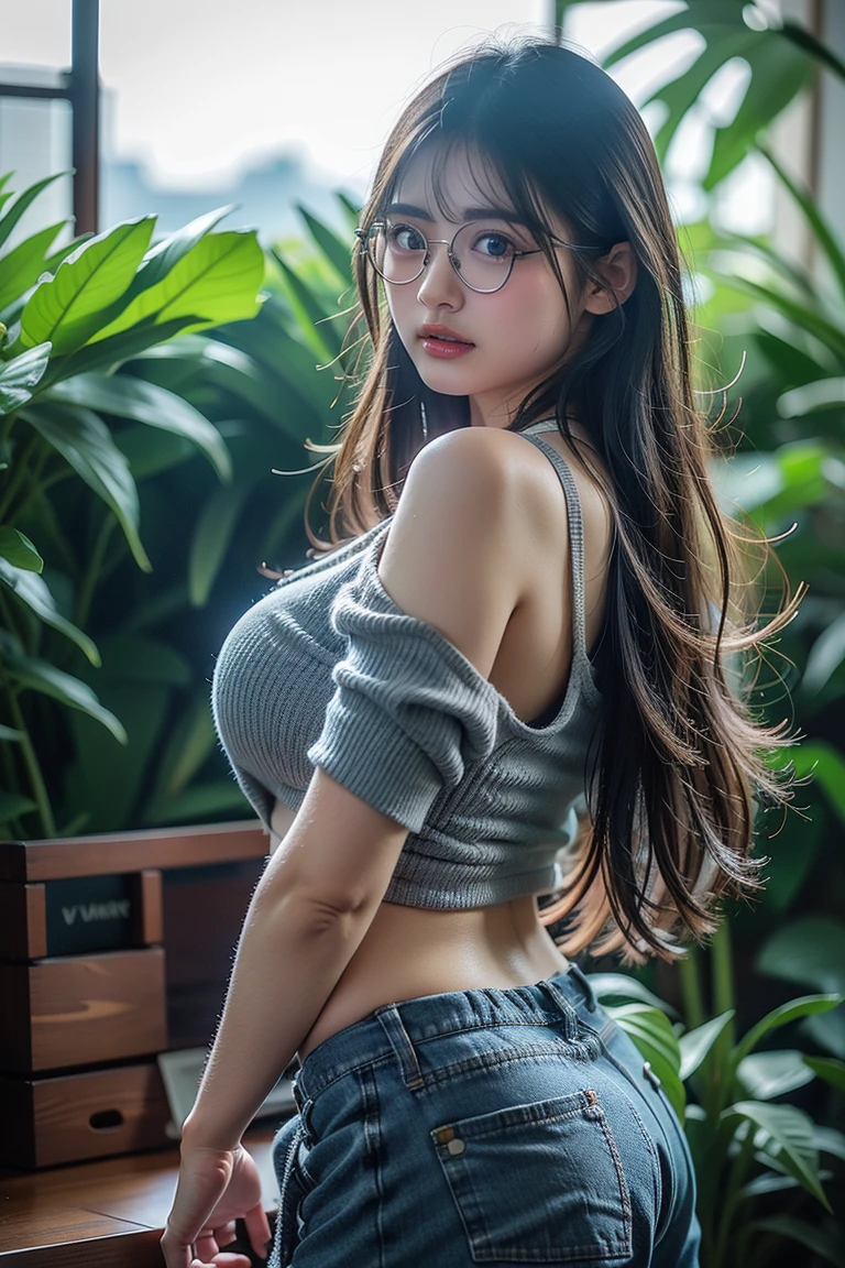 (best quality, masterpiece:1.3), (actual, photo actual:1.3), ultra high resolution, ultra high definition, Extremely detailed CG unified 8k wallpaper, sharp focus, Ridiculous, (actual skin, Delicate skin), (perfect anatomy), glossy lips, rest (cute face), (official art, Beautiful and beautiful), (1 girl), (Sweet smile), (happy), alone, Permanently installed, depth of field，near a waterfall, sunset，(((ultra big breasts))), blue skirt, white shirt, hips up, medium hair, Collar, 18 years old korea woman, no make-up, ((no shadow)), sexy pose, glasses, bright blue eyes, slim waist, big ass, thick