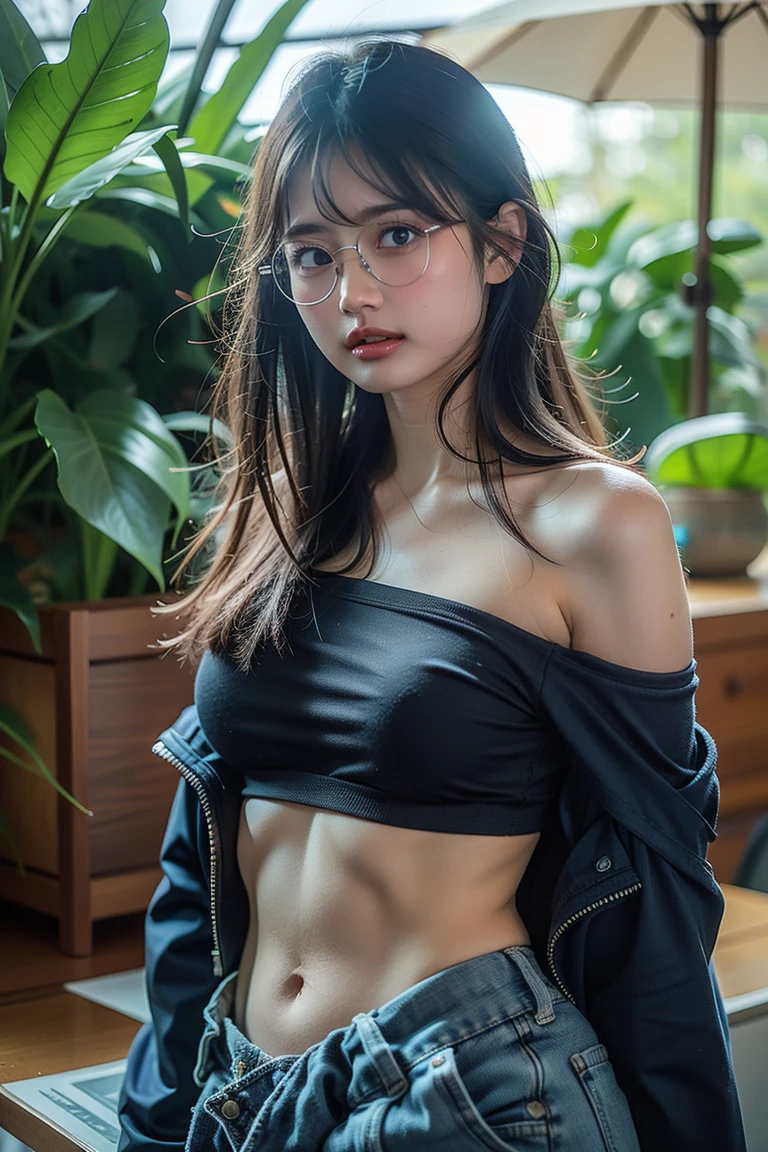 detailed face of half  body photo. 25 year old Indonesian girl with a sweet  face,  big  round face and long brown wavy hair, round glasses, wearing green  gangster style outfits with green strapless tank top with gangster style pattern and  beautiful stomach and green gangster  hat while leaning against a wall full of graffiti with a fierce facial expression and a body full of sweat  while raised her hand over her head exposed armpits in gangster style street in los angeles 