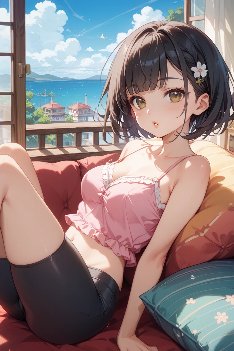 hight resolution, top-quality,  ultra-quality, The ultra-detailliert, lighting like a movie、City of Western Water、Woman in underwear outside、White bra and black panties、Sit up、