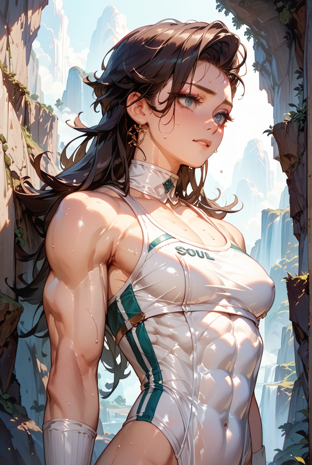 ((( best quality ))), ((( masterpiece ))), ((( absurdres ))), muscular woman beautiful warrior Barbara wielding a large sword, Conan the Barbarian style, Simon Bisley style for a cover of Heavy Metal magazine, tiny thong made of animal skin, large breasts semi covered by animal skin, generous neckline, necklace of bones and teeth, earring of bones, scenery of icy mountains, ((( whole body )))