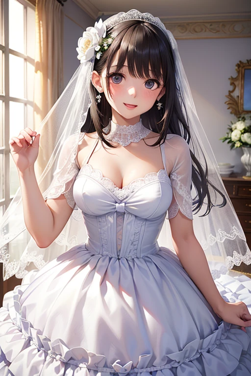 Light | impacto genshin, work of art, best qualityer, 1 girls,25 years old, proportionate body, proportionate., Longhaire, wedding dresses, white wedding dress, longskirt, medium breasts, ,just, choker, Standing in the middle of a flower garden, open air, the sky is beautiful, arm behind the back, against the wall, See spectators from the front., thigh strap, tilt your head, bored, 10, 10, High definition, slightly-smile,