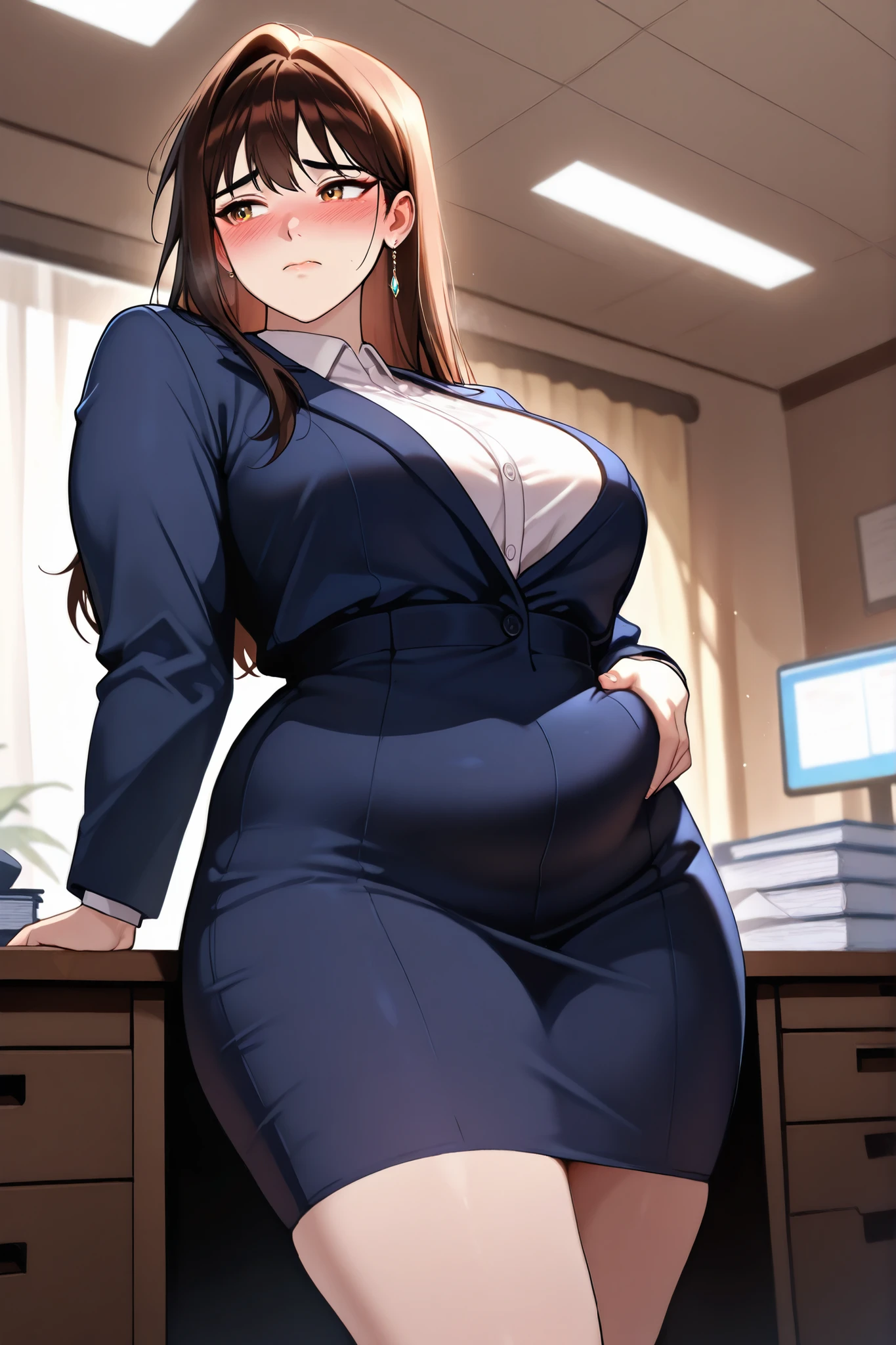 Masterpiece, 4k, High Resolution, manhwa style, office lady, seductive, medium breasts, adult, shy, insecure, self conscious, overweight, chubby, chubby waist, pudgy waist, ill fitting outfit, chubby belly, fat, secretary, big waist, buttons straining, tight outfit, not confident, standing near a desk,