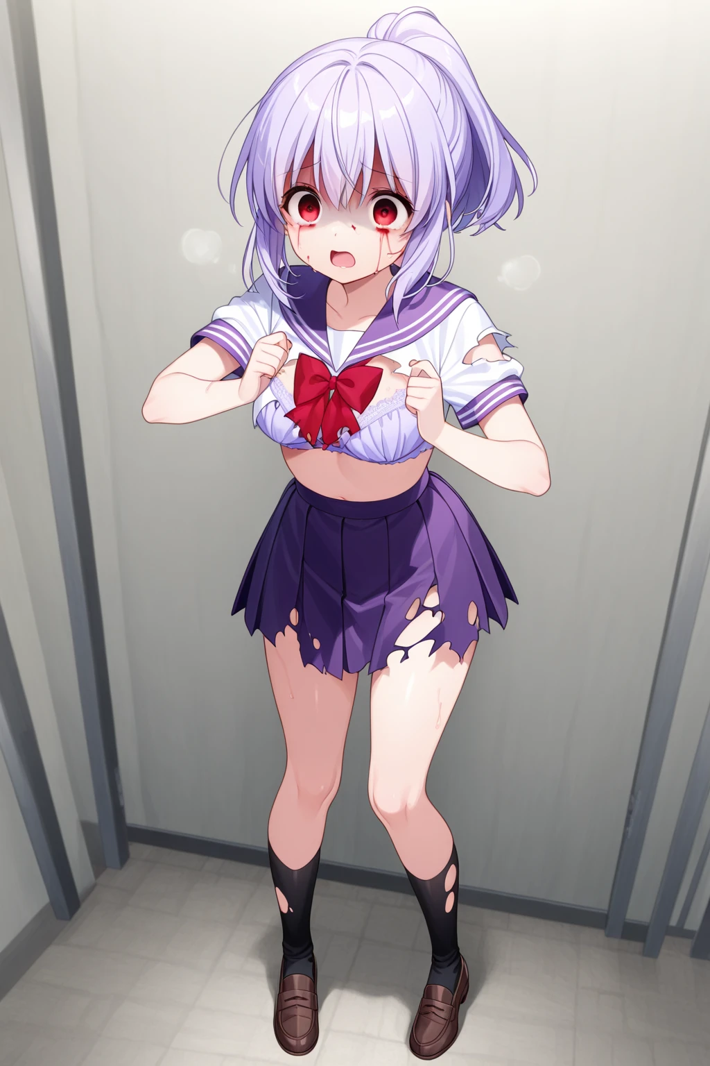 daytime, raining, solo, 8K resolution, pink eyes, glowing eyes, white short skirt, pleated skirt, Blush, tennis court, sleeveless shirt, sunlight, Wet from the rain, see through, Sit with 2 knees up, spread your legs, ,  expression, the skirt is lifted up, highest quality, High resolution, highly detailed face, perfect lighting, (perfect hands, perfect ), sumi, perfect figure, armpit, view from below, 10 years olds,