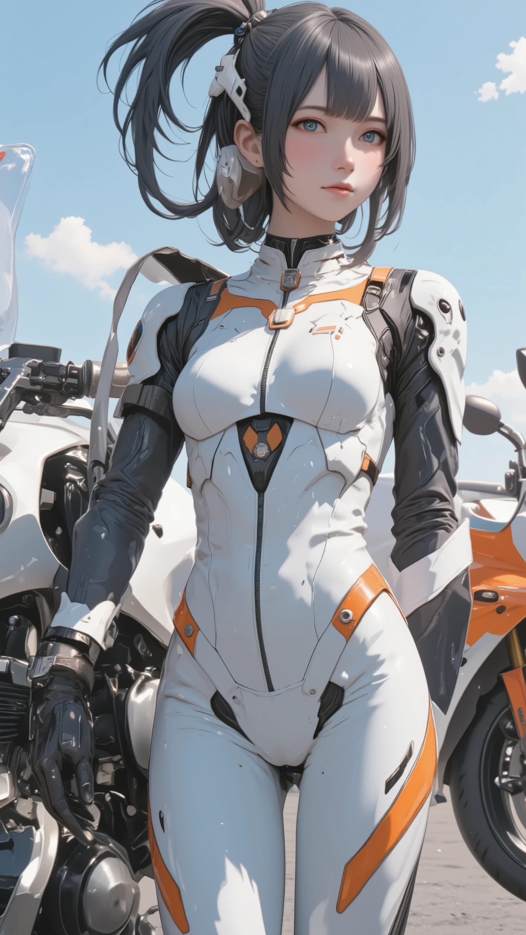 live-action 、Genuine 、Official Design、 beautiful Japanese female pilot 、 white and orange pilot suit、 high tech sneakers that amplify light 、 black hair、 shorthairs 、Back view、Stick out your butt and lean against the bike、big ass、