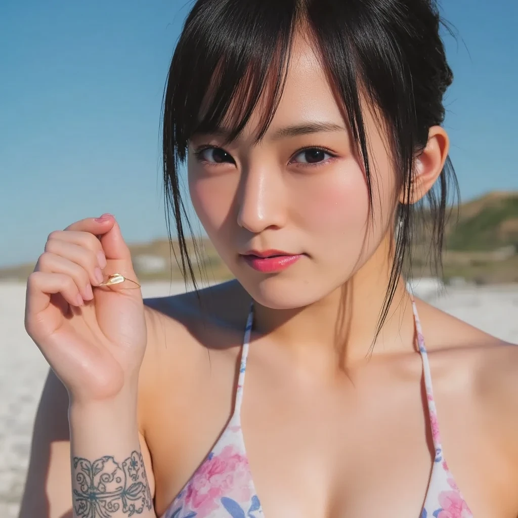 ((((masterpiece, best quality, high resolution)))), Extremely detailed 8K, Beautiful girl with voluptuous body, (Ultra HD, Ultra-detailed, Highly detailed, Highly realistic, Ultra-realistic, photograph realistic), (1girl:1.5), (Realistic white hair), short wavy black hair, bob cut, (dynamic poses), facing at camera, light smile, purple eyes, average breasts, (beautiful detailed face, beautiful detailed eyes), (white tank top, thin material), cleavage, dark jean shorts, glow, sweat, (sunbeam, sunlight)、Fishnet tights