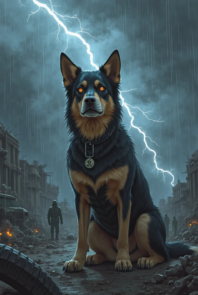 Dramatic skies, Blue Lightning style: Masterpiece, Best quality, 8K Sharp focus, realisticlying, ((Detailed)), (volumetric smoke), (complimentary colors), Good perspective，8 flying crows，Red glowing eyes，Crows flying in the air，A flame dog，Black Dog，The crow attacks the black dog，The flames of the black dog burn the crows，super-fine，the detail，High Picture Quality，