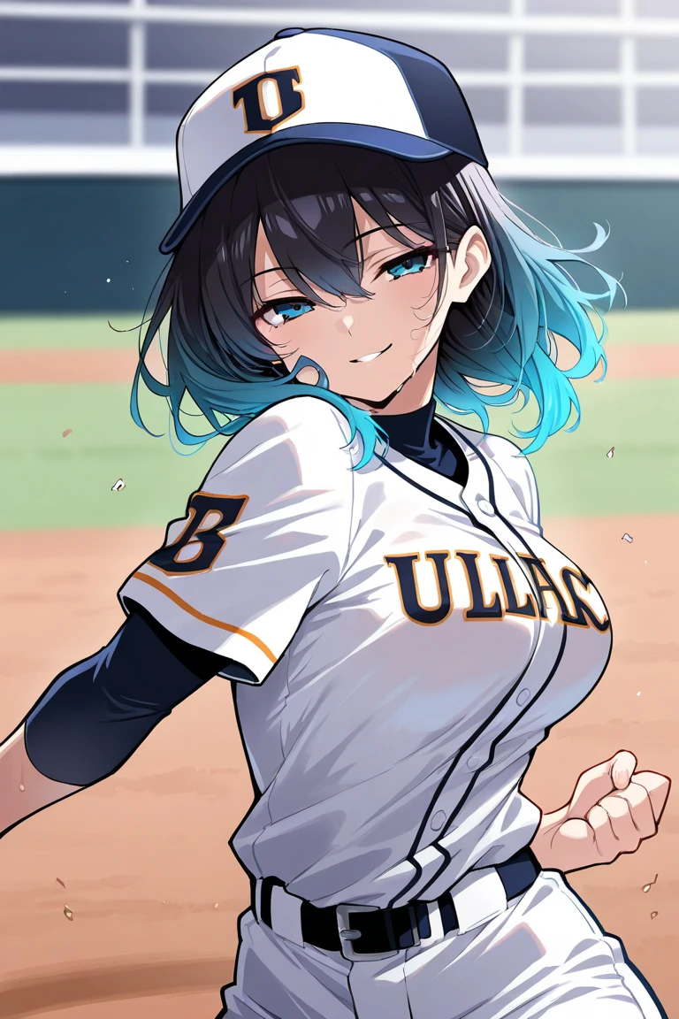 neocoill,  masterpiece, best quality, 1girl, baseball uniform, solo, baseball mitt, baseball cap, hat, baseball, sky, sportswear, cloud, black hair, blue sky, day, holding, shirt, bangs, medium hair, long sleeves, standing, holding ball, outdoors, looking at viewer, parted lips, large breasts, mature female,