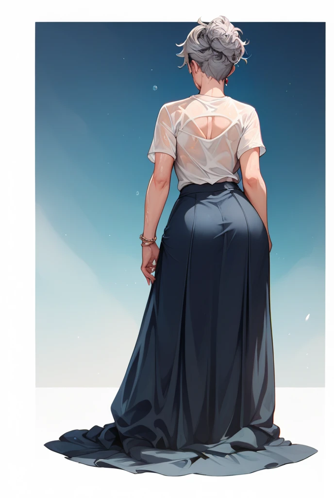 long wavy gray hair, let a white wet tshirt, full body, pull the long skirt up with her hands to show her , back view, turn her head and look into the lens, kawaii