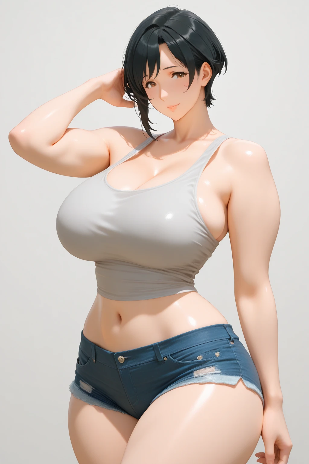 Masterpiece, high quality, 8k, ultra detail, ((kamisatoayakarnd)) standing, night,outdoors, (crop top), navel, (shorts), (off shoulders:1), choker, smile, armpit, (large breast), (nude arm)
