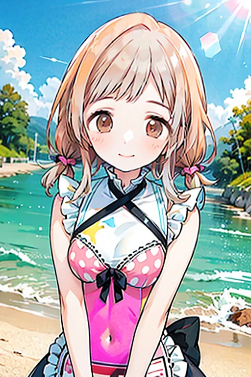 Highest quality、High resolution、Detailed Background、(Beautiful face in every detail:1.4)、Anatomically correct、Hide your fingers、(Detailed facial expressions)、(Detailed eyes:1.2)、Beautiful women in their 20s、(Highly detailed face:1.4)、(Huge breasts:1.2)、Cute hair colour、Bobcut、ponytail、Long Hair、Wavy Hairstyle、well-groomed eyebrows、Cute Eye Makeup、Cute Lip Makeup、Perfect body line、smile、Summer dresses give you a sexy and elegant look.、Happy expression、Sandy Beach、Outdoor、very beautiful、Cute gestures