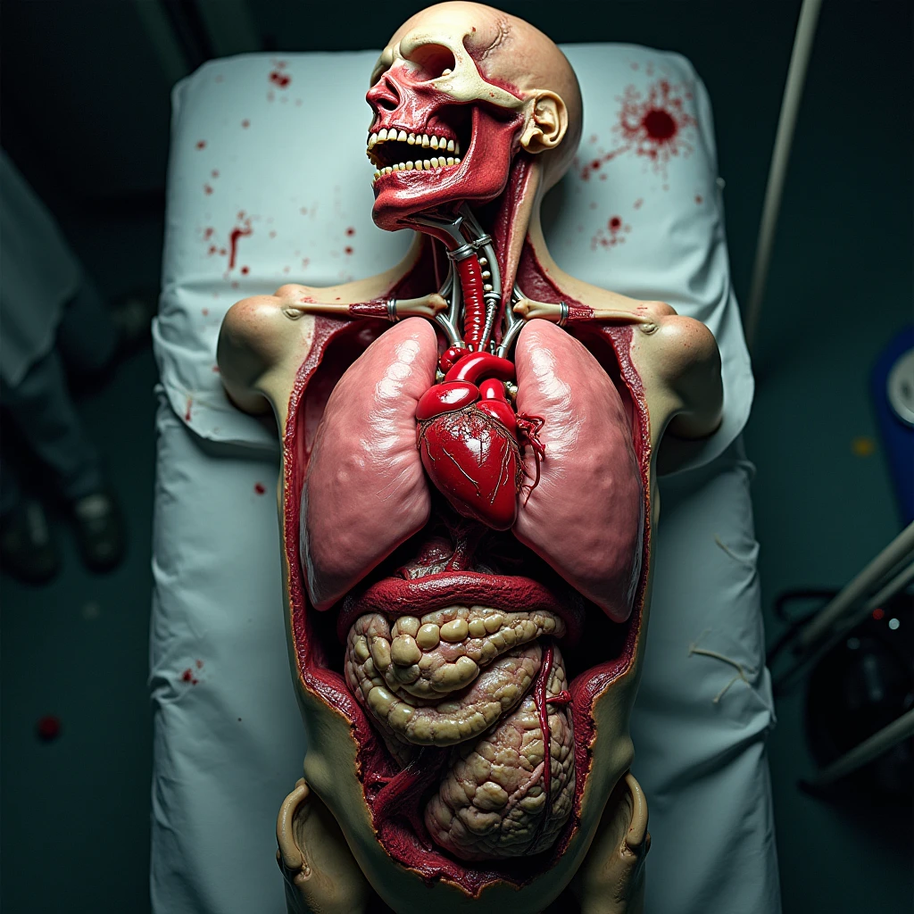 """A human ribcage with the northwest side and center cut open, resembling an window being opened. The ribs are hinged at the bottom, swinging outward from the northwest side and center, revealing the internal organs inside. The ribcage opens like two window panes, creating a surreal and intense visual. The surrounding scene is set in a dimly lit medical room, with surgical tools and equipment scattered nearby, enhancing the tension. The bones, muscles, and organs are depicted with realistich textures, emphasizing the eerie yet captivating image of the ribcage opening like a window."