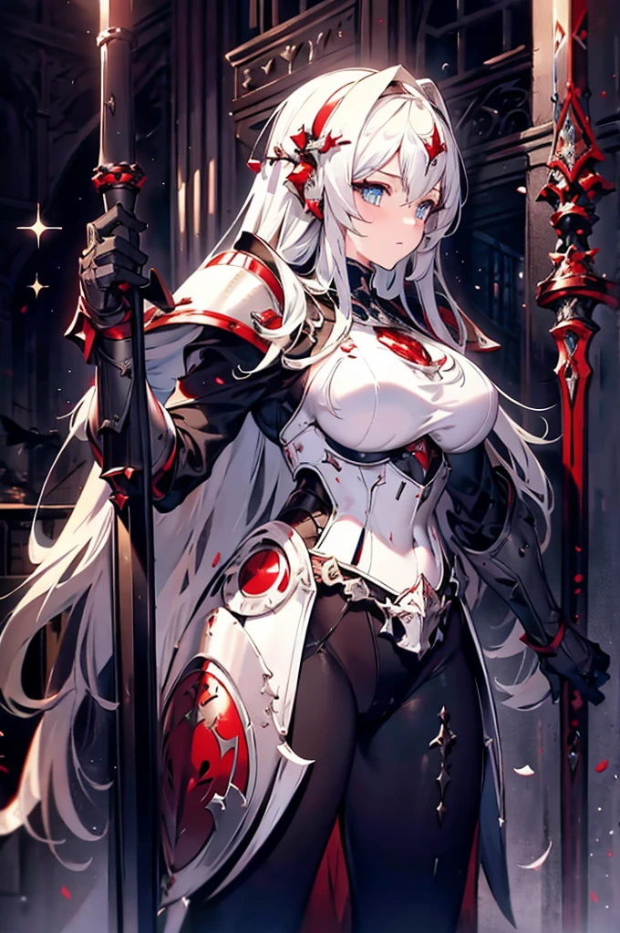 (masterpiece, Top quality, best quality, Official Art, Beauty and aesthetics: 1.2), Very detailed, Fractal Art, rich and colorful, Most detailed, tangled, (1 Girl), White hair, Long hair, (Glittering red eyes), Large Breasts, mystery, (magic), Tights, Sexy, (Mecha, Rabbit ears)