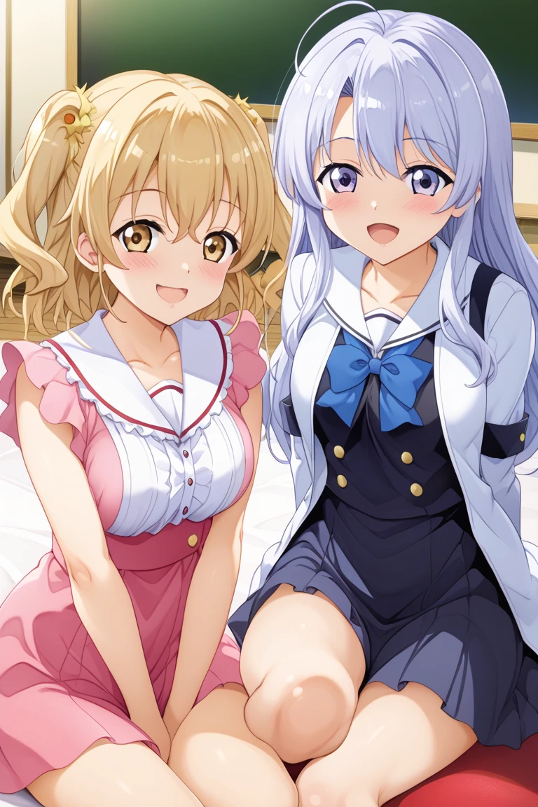 Elementary school girl, 8 years old, A cup breasts, white hair, long hair, purple eyes, smiling face（one person） Pink sleeveless top　Black mini skirt and white panties（（I can see her panties）） Barefoot Girls Room　Sitting on the floor　Dynamic angle Low angle bear girl cat girl