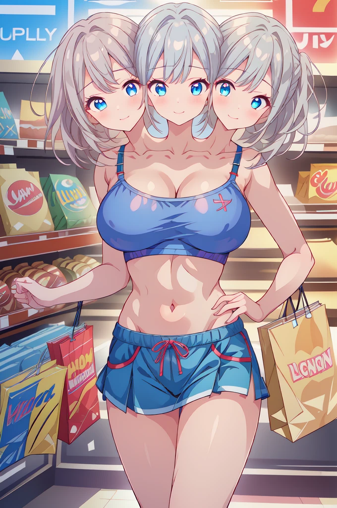 (masterpiece),(ultra-detailed), (high quality), (high resolution), (best quality:1.5, highres, UHD), highres, absurdo, ultra detail, ultra quality, Ultra resolution, 16k, ((3heads:1.5)), 1girl, anime girl with three heads, very huge tits, sexy body, silver gray hair, red tank top, casual wear, city background, smiling, shopping mall, teenage girl, vibrant lighting, blue miniskirt, (red sports bra)