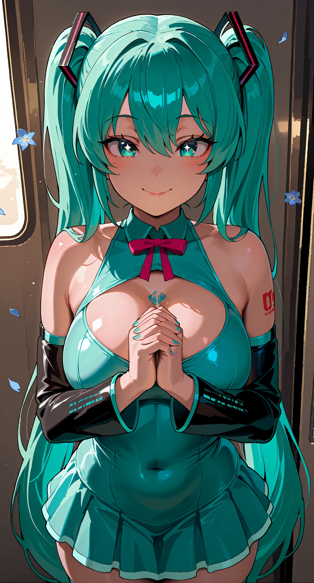 nurse outfit, large breast, big breast, cleavage, short green hair, blue eyes