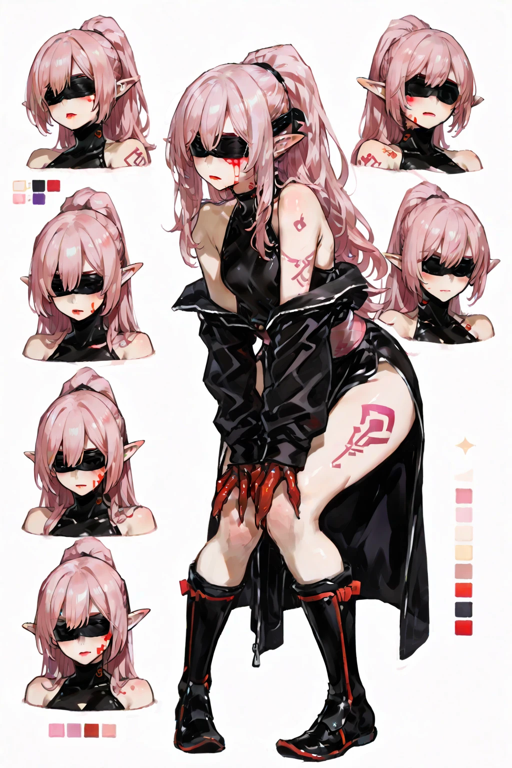 anime style, sketch, game design, character design, character sheet art, one woman, demon powers, princess of the underworld, young, petite, mischievous, red colour, simple background, sketches, limited, nsfw, skimpy vibe, topless, side view, front view, back view