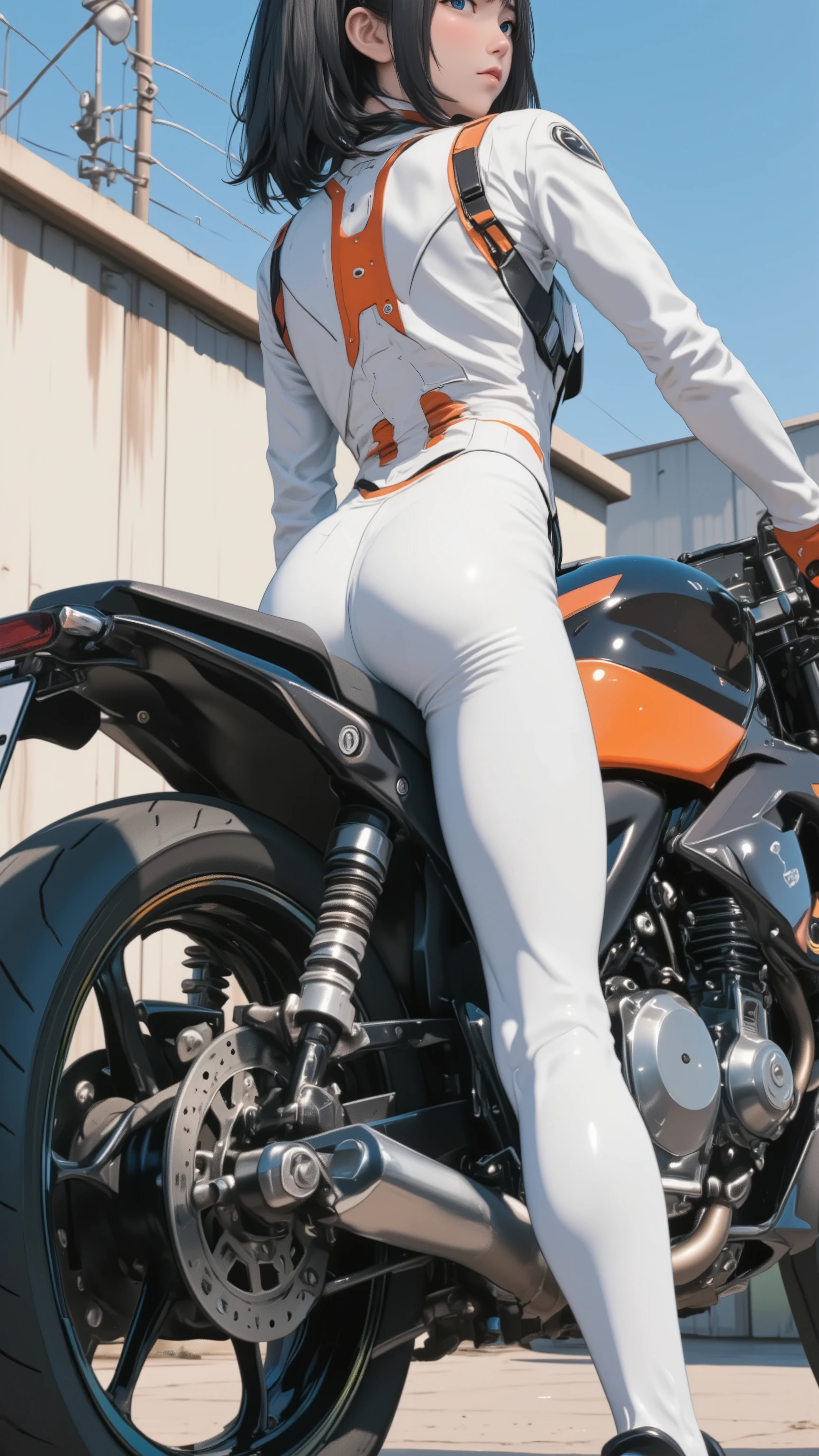 live-action 、Genuine 、Official Design、 美しい日本人女性パイロットのBack view 、 white and orange pilot suit、 high tech sneakers that amplify light 、 black hair、 shorthairs 、Back view、Stick out your butt and lean against the bike、big ass、