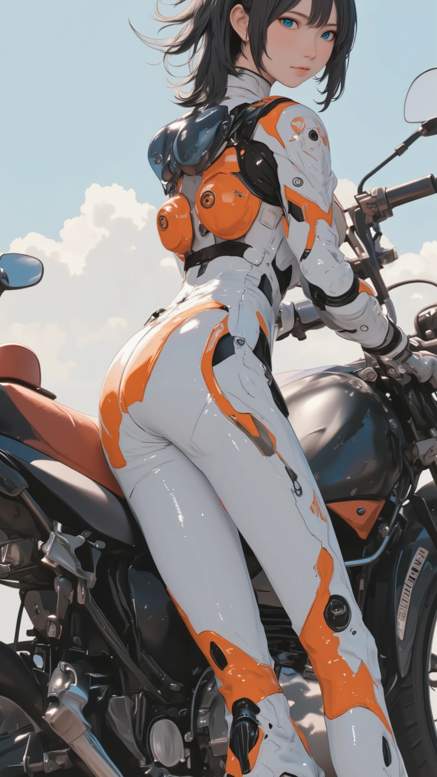 live-action 、Genuine 、Official Design、 美しい日本人女性パイロットのBack view 、 white and orange pilot suit、 high tech sneakers that amplify light 、 black hair、 shorthairs 、Back view、Stick out your butt and lean against the bike、big ass、