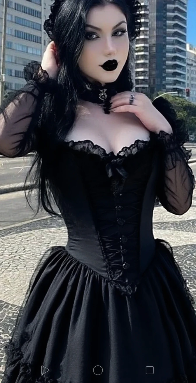Hiper realistic and natural picture, girl taking a all body selfie in the mirror, wearing Black goth victorian style skirt, long kimono-style sleeves, long skirt, waist-cinching corset, dark makeup, big eyeliner, full round lips, dark red lips, short black weavy hair, curvy thin slim body, beautful body, dark sexy look, medium lenght hair