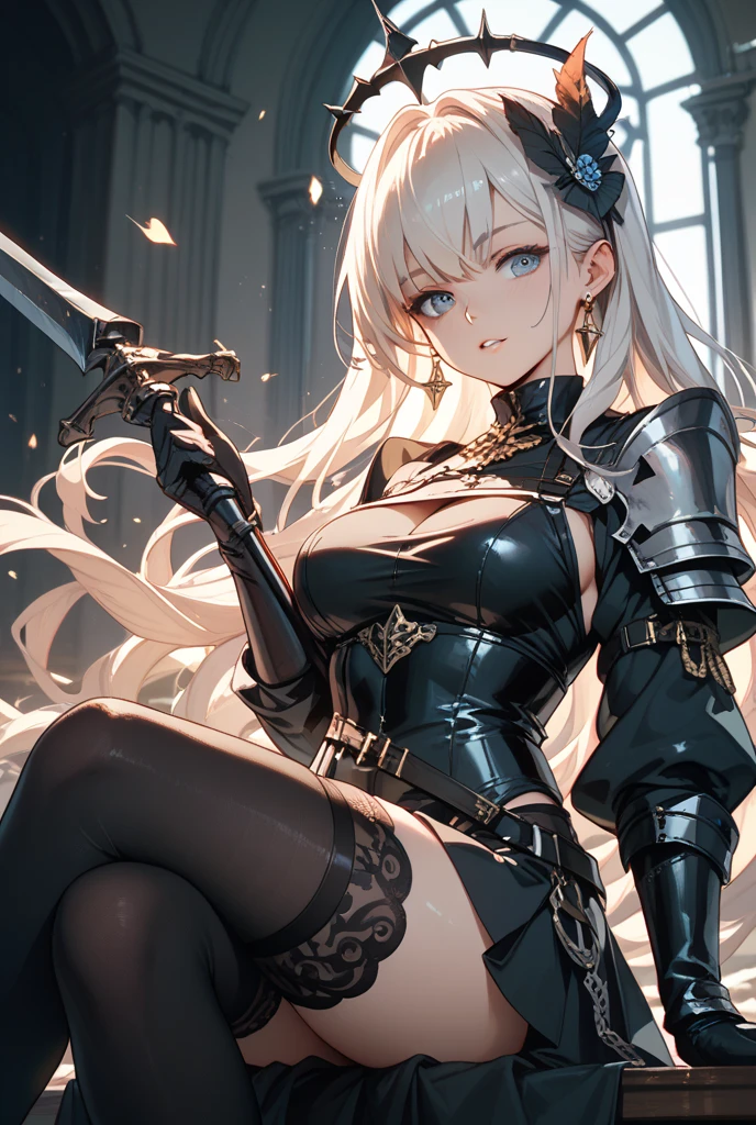Woman knight、a beauty girl、huge tit、Excellent style、Nice Buddy、glamorous、Black leotard armor、Bra Armor、gauntlets、greave、hair adornments、silber hair、Longhaire、Ahoge、inside in room、desk、a chair、Sitting on a chair、legs crossed、Gentle smile